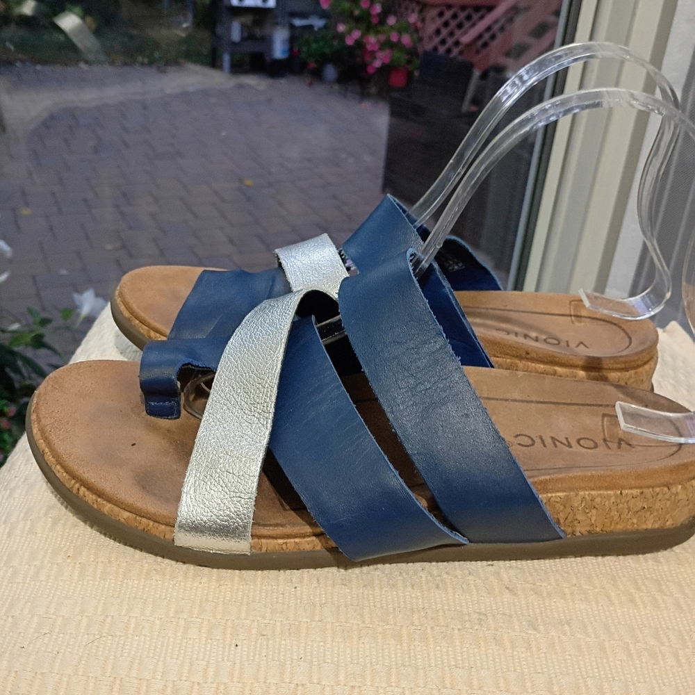 Vionic Navy and Silver Leather Slide Sandals.Like New - Picture 2 of 7